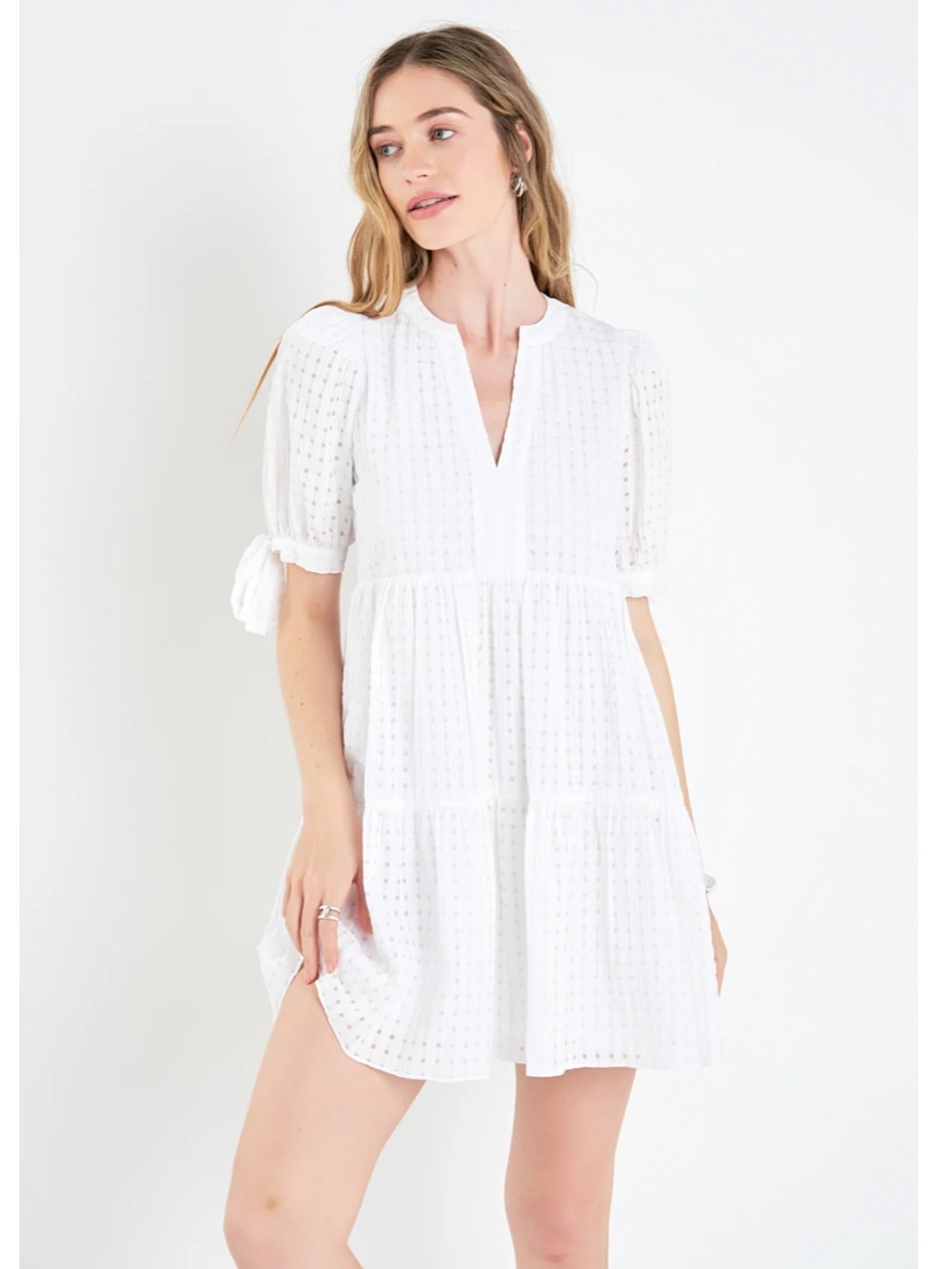 English Factory Gingham Tiered Mini Dress - Flowy, White, Summer Dress, Size M - Picture 2 of 13